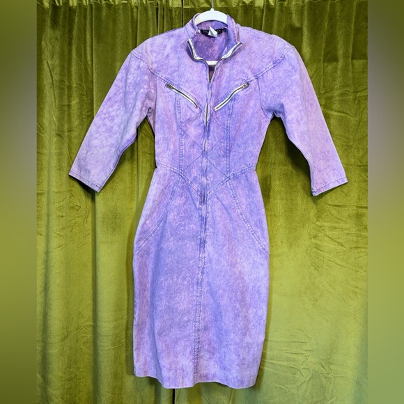 Vintage Dresses & Skirts - Vintage 1980s Champagne West Purple Acid Wash Zip up style basque moto dress XS